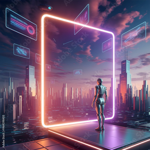 A vast, glowing interdimensional portal crackles with energy, casting an ethereal light across the desolate, metallic landscape of a distant planet