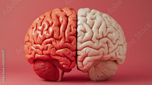 Close-up of human brain halves with detailed gyri and sulci on pink background demonstrating brain anatomy and hemispheric differences