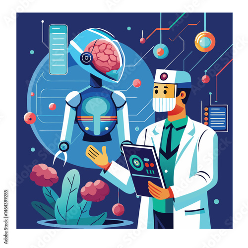 An AI-powered doctor examines a 3D model of the human brain on a holographic interface