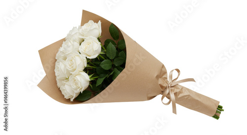Fototapeta Naklejka Na Ścianę i Meble -  Bouquet of white roses wrapped in brown paper