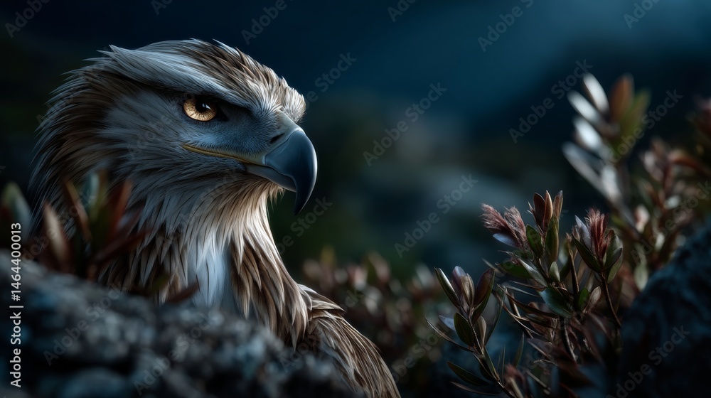 Fototapeta premium Close-up of an eagle perched on a cliff edge gazing intently downwards in sharp focus