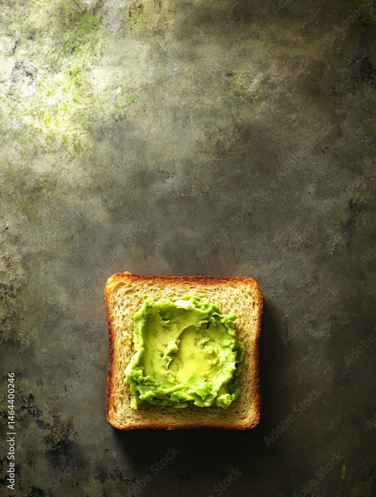 smashed avocado on toasted slice of sandwich bread, empty background, top view