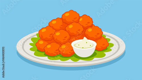 A plate of y buffalo cauliflower bites served with ranch or blue cheese dressing.. Vector illustration