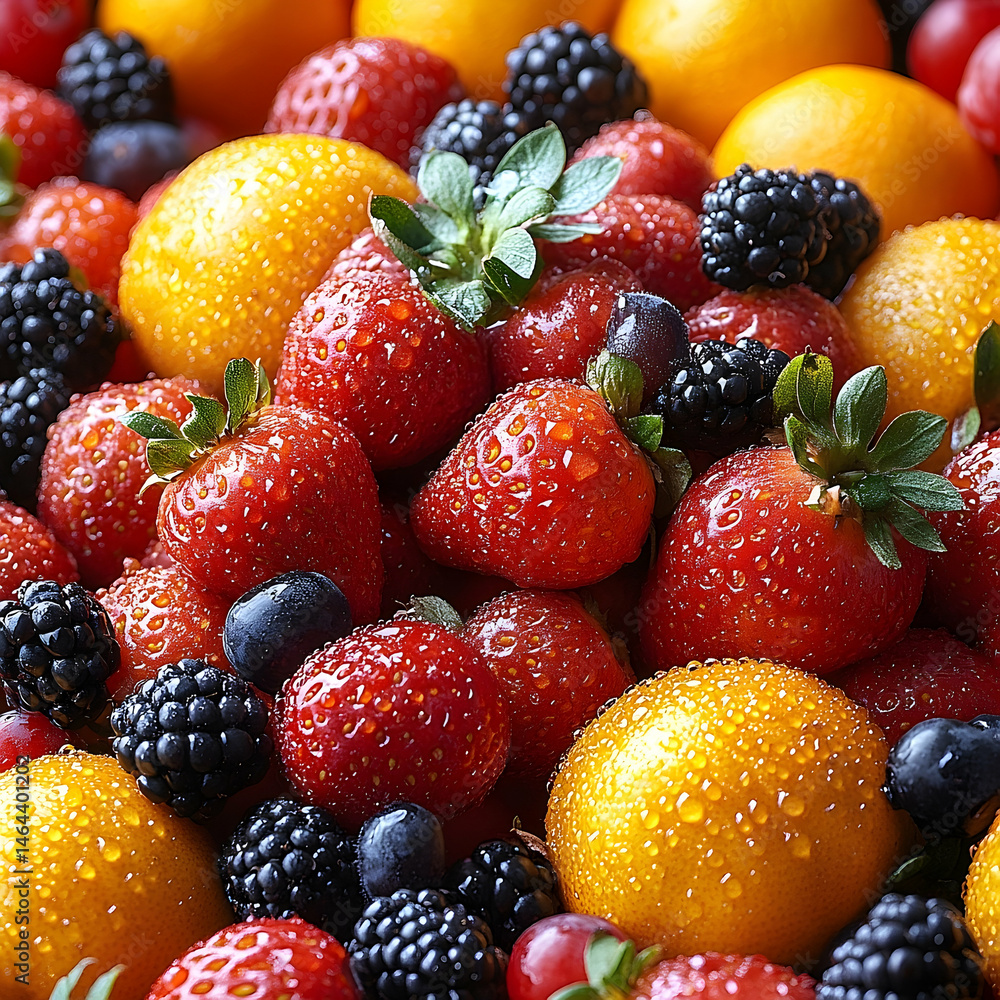 Obraz premium Vibrant closeup of fresh strawberries oranges and blackberries arrangement