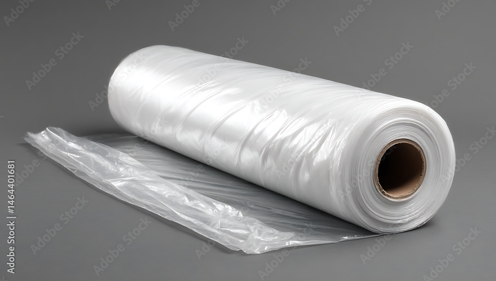 Fototapeta premium A roll of white plastic wrap on top, with an unrolling piece next to it and the end of that wrapped in polyethylene film sheets