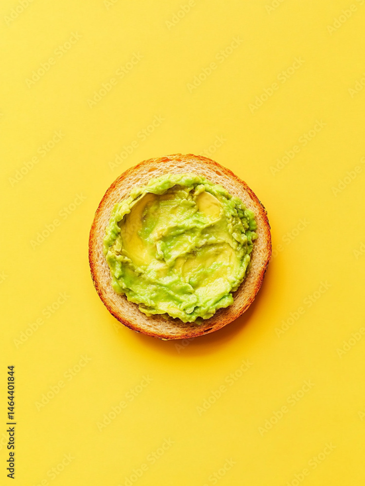 smashed avocado on toasted slice of sandwich bread, empty background, top view, yellow background