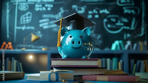 Academic savings represented by a piggy bank atop books.
