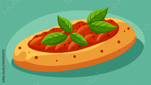 A crusty loaf of Italian bread toasted and topped with a homemade sundried tomato and basil pesto.. Vector illustration