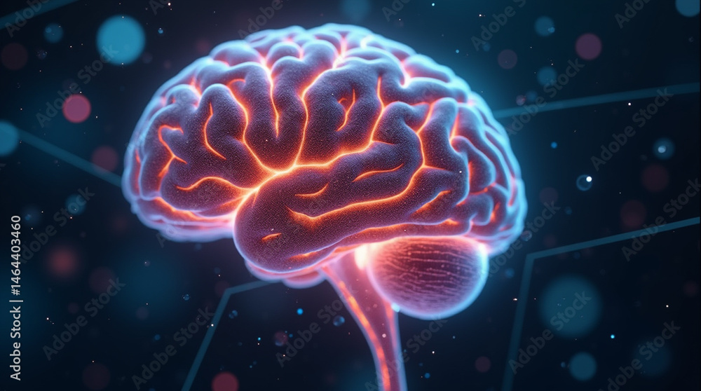 Futuristic 3D human brain with glowing neural networks, floating in digital space, close-up and microphotography style Futuristic 3D human brain with glowing neural networks, floating in digital space, close-up and microphotography style
