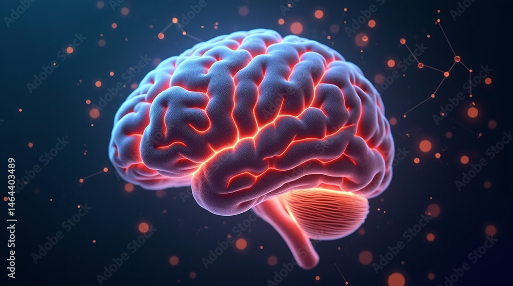 Futuristic 3D human brain with glowing neural networks, floating in digital space, close-up and microphotography style Futuristic 3D human brain with glowing neural networks, floating in digital space, close-up and microphotography style