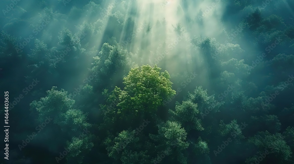 Fototapeta premium Cinematic Aerial View of Dense Jungle Canopy with Sunlight Rays, Misty Atmosphere, and Dramatic Lighting