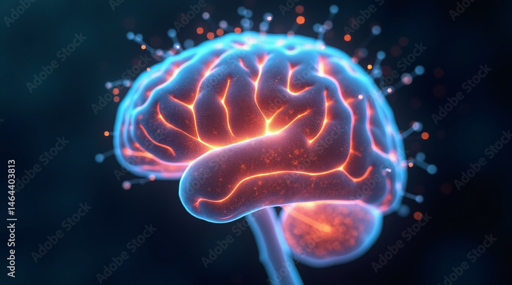 Futuristic 3D human brain with glowing neural networks, floating in digital space, close-up and microphotography style Futuristic 3D human brain with glowing neural networks, floating in digital space, close-up and microphotography style