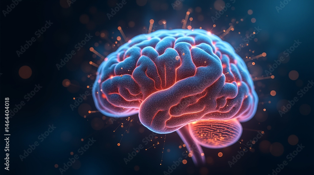 Futuristic 3D human brain with glowing neural networks, floating in digital space, close-up and microphotography style Futuristic 3D human brain with glowing neural networks, floating in digital space, close-up and microphotography style