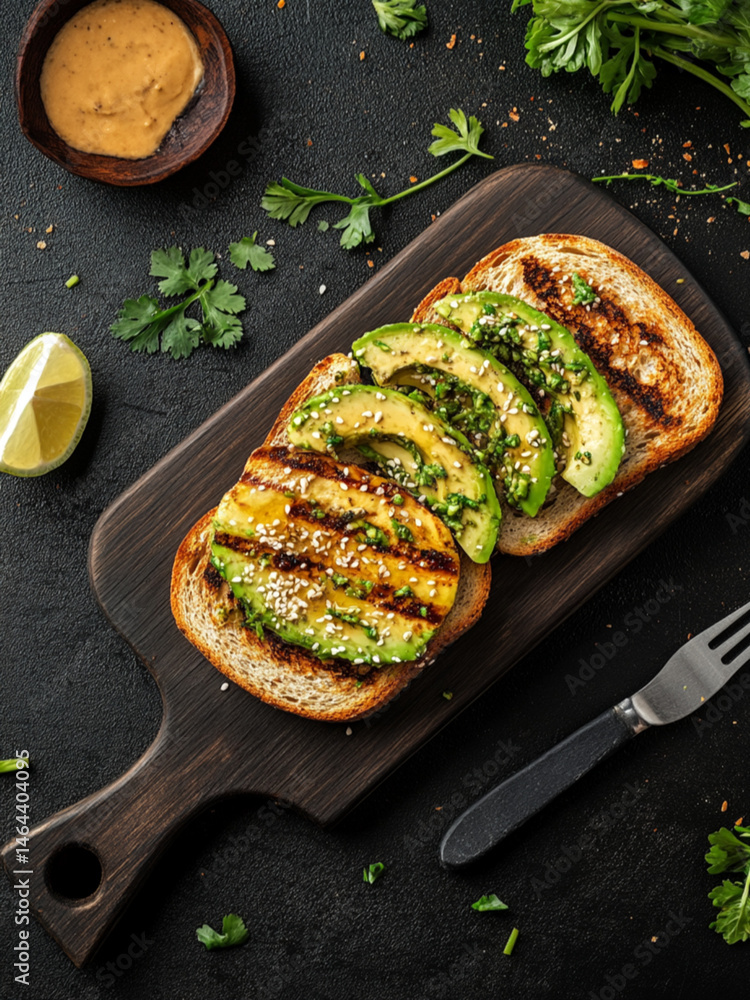 smashed avocado on toasted slice of sandwich bread, empty background, top view