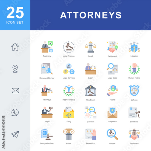 Attorneys icon set featuring icons for legal services, courtroom procedures, litigation, and professional representation. Ideal for law offices, legal consultations, and justice system visuals.