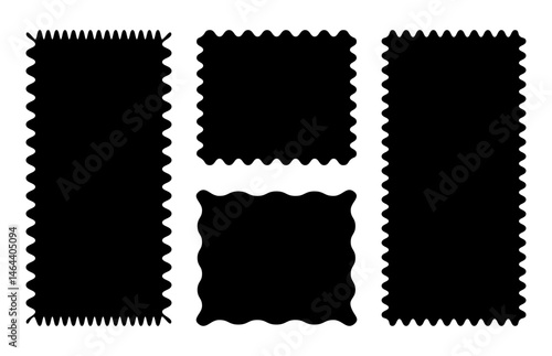 Rectangular patterns with squiggly borders. Wave curve edge black frames mockups. Minimalist trendy tags, empty text boxes, labels, stamps, crackers, coupons with curvy, squiggly, wiggly, wavy edges.