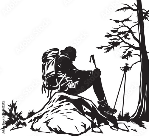 Black and White Mountain Climber Vector Set for Outdoor Design
