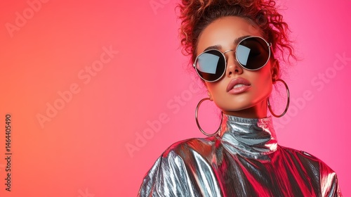 This stylish woman showcases a trendy silver outfit and large sunglasses, creating a striking modern aesthetic against a vibrant gradient background.
