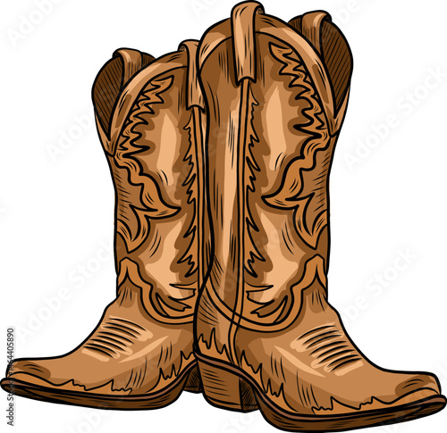 Vector cowboy boots. Hand painted rodeo theme design. Countryside western illustration. Farmhouse rustic clipart. Wild West.