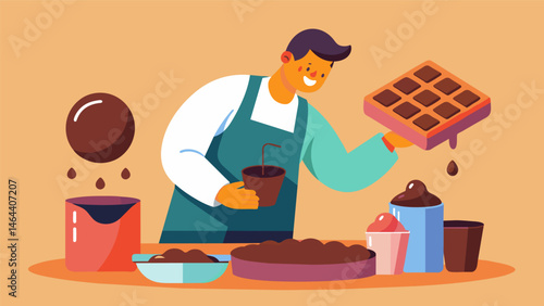 A person melting different types of chocolate and pouring them into funshaped molds to create homemade chocolate bars to add to their snack plate.. Vector illustration