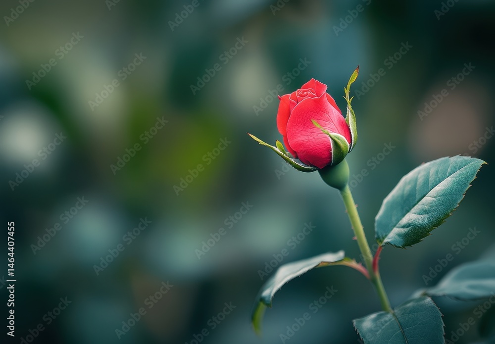 Fresh red rose bud against a blurred green background showcasing natural beauty and elegance, perfect for floral-themed designs and romantic concepts. Fresh red rose bud against a blurred green background showcasing natural beauty and elegance, perfect for floral-themed designs and romantic concepts.