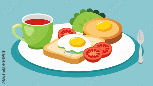 A plate of scrambled eggs and avocado toast ready to be enjoyed for breakfast.. Vector illustration