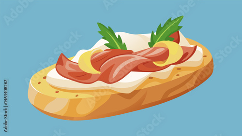 A mouthwatering display of savory crostini topped with a savory cheese spread and thinly sliced prosciutto.. Vector illustration