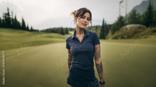 Young woman with tattoos poses confidently on a picturesque golf course surrounded by trees and mountains on a cloudy day