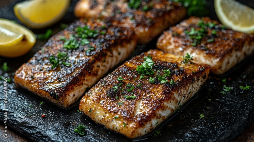 Crispy pan-seared fish fillets, seasoned and garnished with fresh herbs, served on a dark stone platter with lemon wedges Crispy pan-seared fish fillets, seasoned and garnished with fresh herbs, served on a dark stone platter with lemon wedges