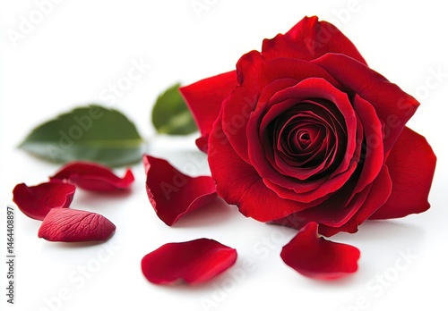 Red rose with green leaves and scattered petals on white background, symbolizing love, romance, and beauty in floral arrangements and decorations