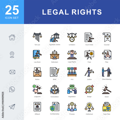 Legal Rights icon set featuring icons for court orders, client representation, justice, documentation, and legal processes. Ideal for law firms, legal education, and rights-based advocacy.