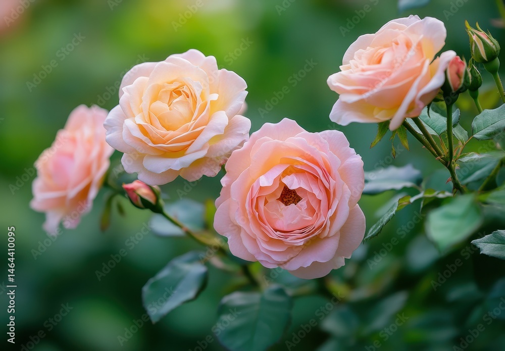 Romantic soft peach roses blooming amidst lush green foliage in a serene garden setting showcasing nature's beauty and tranquility Romantic soft peach roses blooming amidst lush green foliage in a serene garden setting showcasing nature's beauty and tranquility