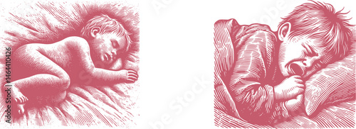 pink Engraving Designs Featuring a Child Crying in Sleep – Emotional Sleeping Child Art for Engraving, Wood Burning, and Sublimation – Sad Baby Sleep Scene 
