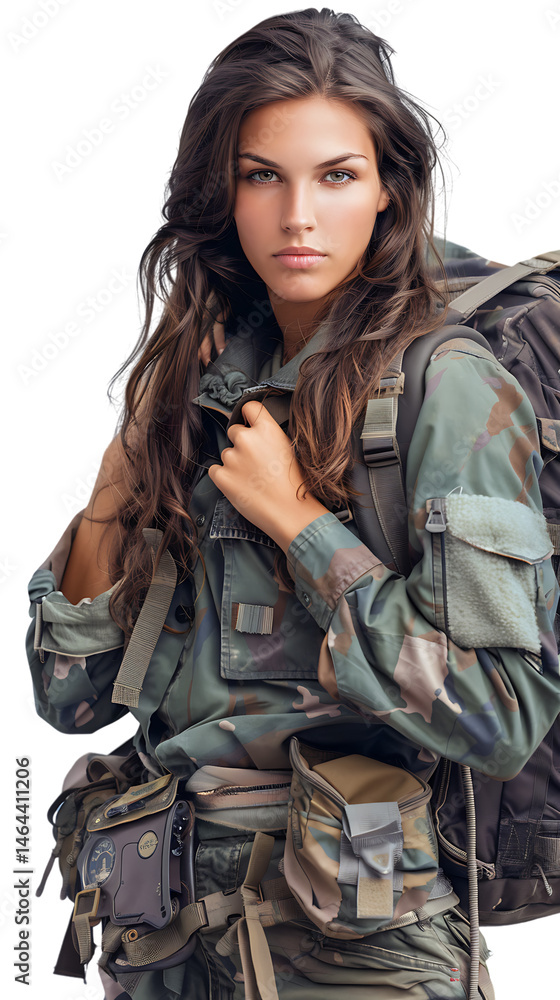 Fearless Explorer: A determined young woman, clad in combat attire, confidently carries a rugged backpack, gazing directly at the viewer with strength and resolve, embodying adventure and resilience. Fearless Explorer: A determined young woman, clad in combat attire, confidently carries a rugged backpack, gazing directly at the viewer with strength and resolve, embodying adventure and resilience.
