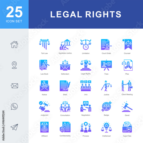Legal Rights icon set featuring icons for court orders, client representation, justice, documentation, and legal processes. Ideal for law firms, legal education, and rights-based advocacy.