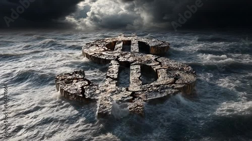 Cracked Stone Dollar Sign in a Stormy Sea