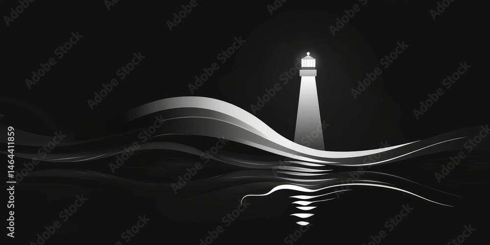Fototapeta premium Majestic Lighthouse Illuminating Waves Under Moonlight in a Serene Black and White Seascape With Reflections and Gentle Coastal Atmosphere