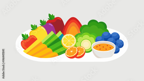 A modern and chic rainbow snack board showcasing a variety of colorful fruits veggies and dips arranged in a rainbow pattern on a sleek white serving. Vector illustration