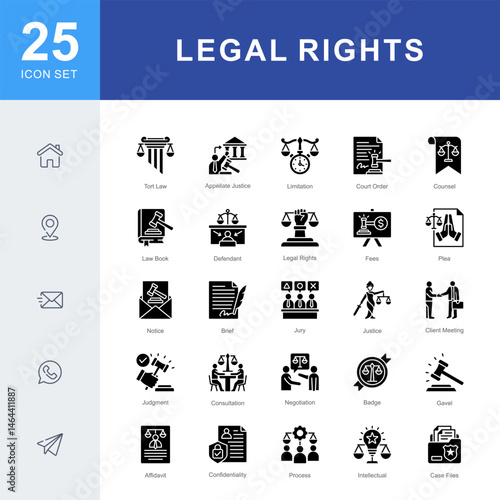 Legal Rights icon set featuring icons for court orders, client representation, justice, documentation, and legal processes. Ideal for law firms, legal education, and rights-based advocacy.