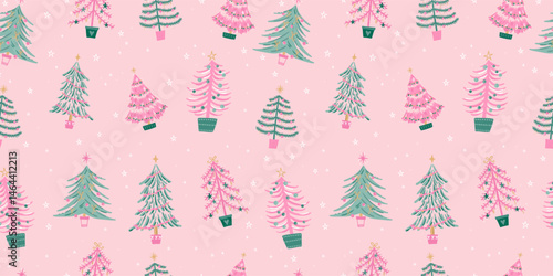 Tacky Christmas Trees seamless pattern, hand drawn with decoration like tinsel, baubles, stars and snow flakes - great for textiles, wallpapers, wrapping - vector design
