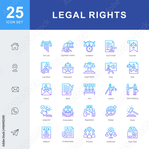 Legal Rights icon set featuring icons for court orders, client representation, justice, documentation, and legal processes. Ideal for law firms, legal education, and rights-based advocacy.