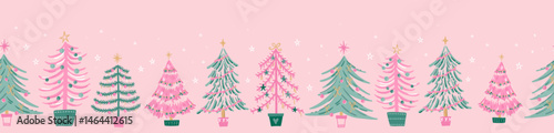 Tacky Christmas Trees seamless pattern, hand drawn with decoration like tinsel, baubles, stars and snow flakes - great for textiles, wallpapers, wrapping - vector design
