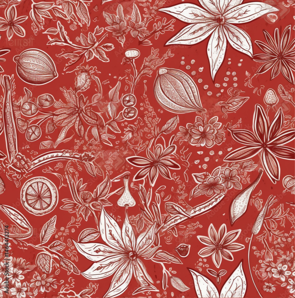 seamless repeat pattern, red background, intricate white hand-drawn line art, illustrations of spices: star anise (as a prominent floral motif), shallot, bay leaves, nutmeg, cumin, chilli, ginger