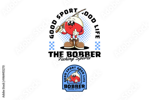 fishing bobber float with round shape retro cartoon character mascot illustration with standing pose, holding fishing rod, showing thumb up for fisherman and fishing sport club mascots and merchandise
