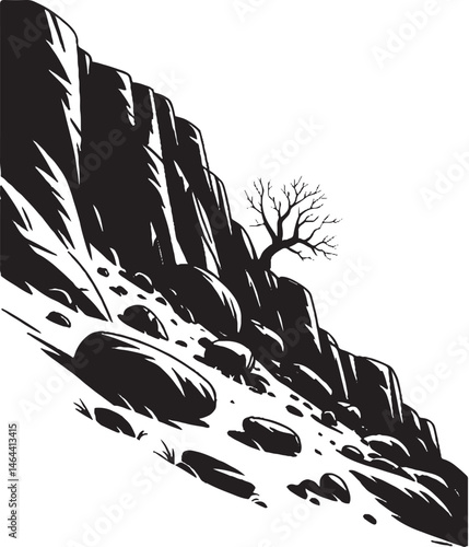Rugged Escarpment Landscape with Boulders and Deep Ridges – Black and White Silhouette Illustration