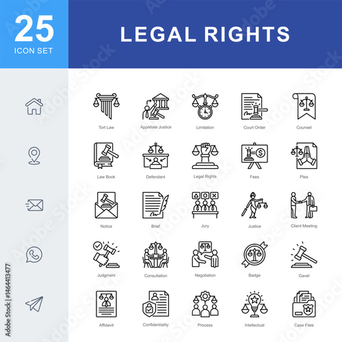 Legal Rights icon set featuring icons for court orders, client representation, justice, documentation, and legal processes. Ideal for law firms, legal education, and rights-based advocacy.