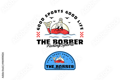 fishing bobber float with round shape retro cartoon character mascot illustration with floating pose in the sea, showing peace hand for fisherman, angling, fishing sport club mascots and merchandise