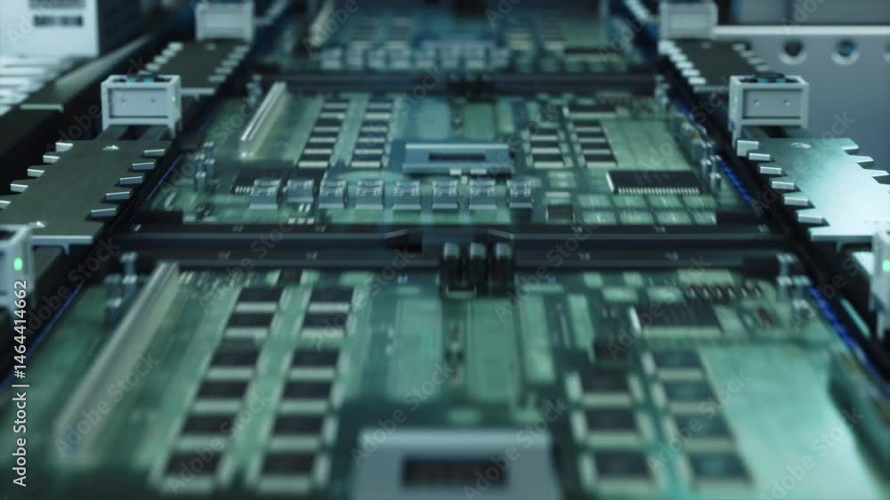 PCB Production Machine at Work: Printed Circuit Board Being Assembled with Automated Machinery, Surface Mounted Technology Connecting Microchips to the Motherboard. Industrial Macro Close Up Footage PCB Production Machine at Work: Printed Circuit Board Being Assembled with Automated Machinery, Surface Mounted Technology Connecting Microchips to the Motherboard. Industrial Macro Close Up Footage