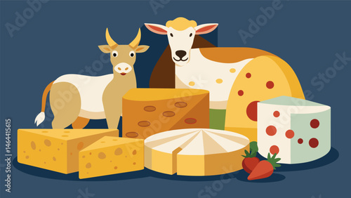 A mouthwatering assortment of artisanal goat sheep and cows milk cheeses each offering a delightful surprise for the palate.. Vector illustration