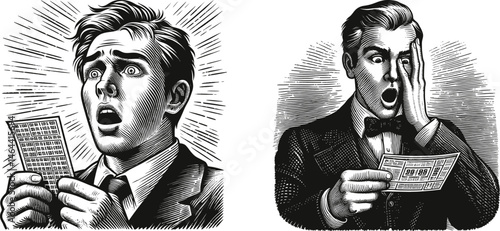 Set of Engraving Designs: Stunned Man Holding Lottery Ticket in Awe – Unique and Detailed Artwork for Collection